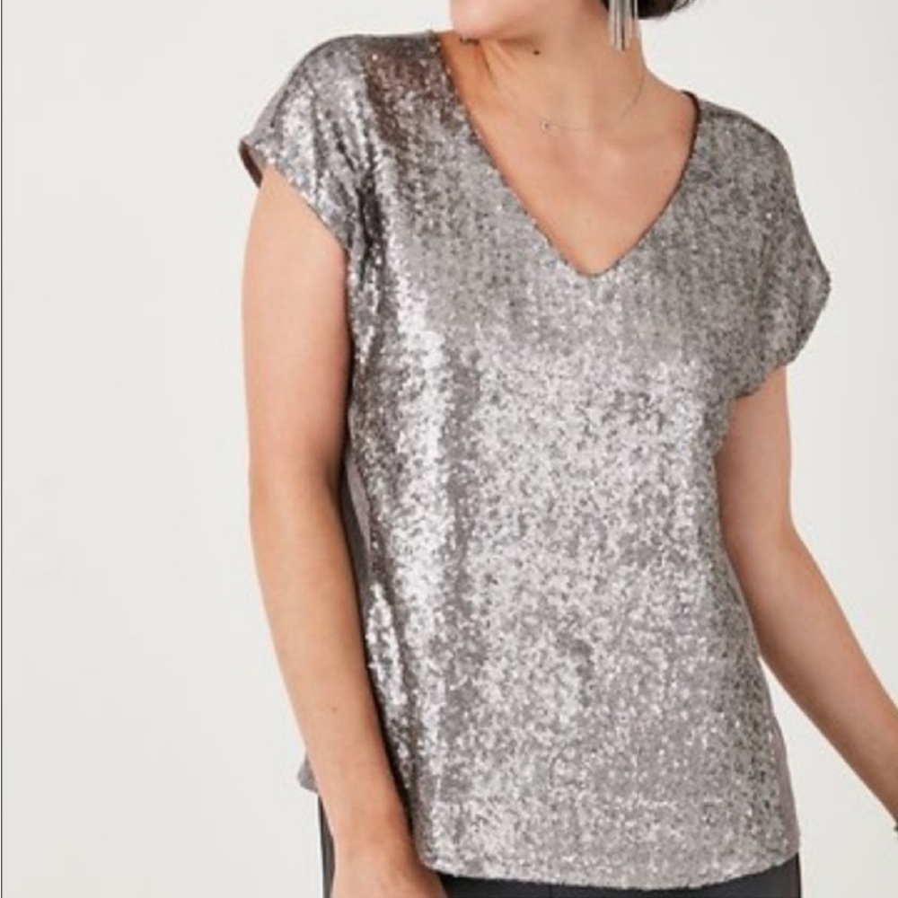 STELLA & DOT Silver Sequin V Neck Crinkle Top XS